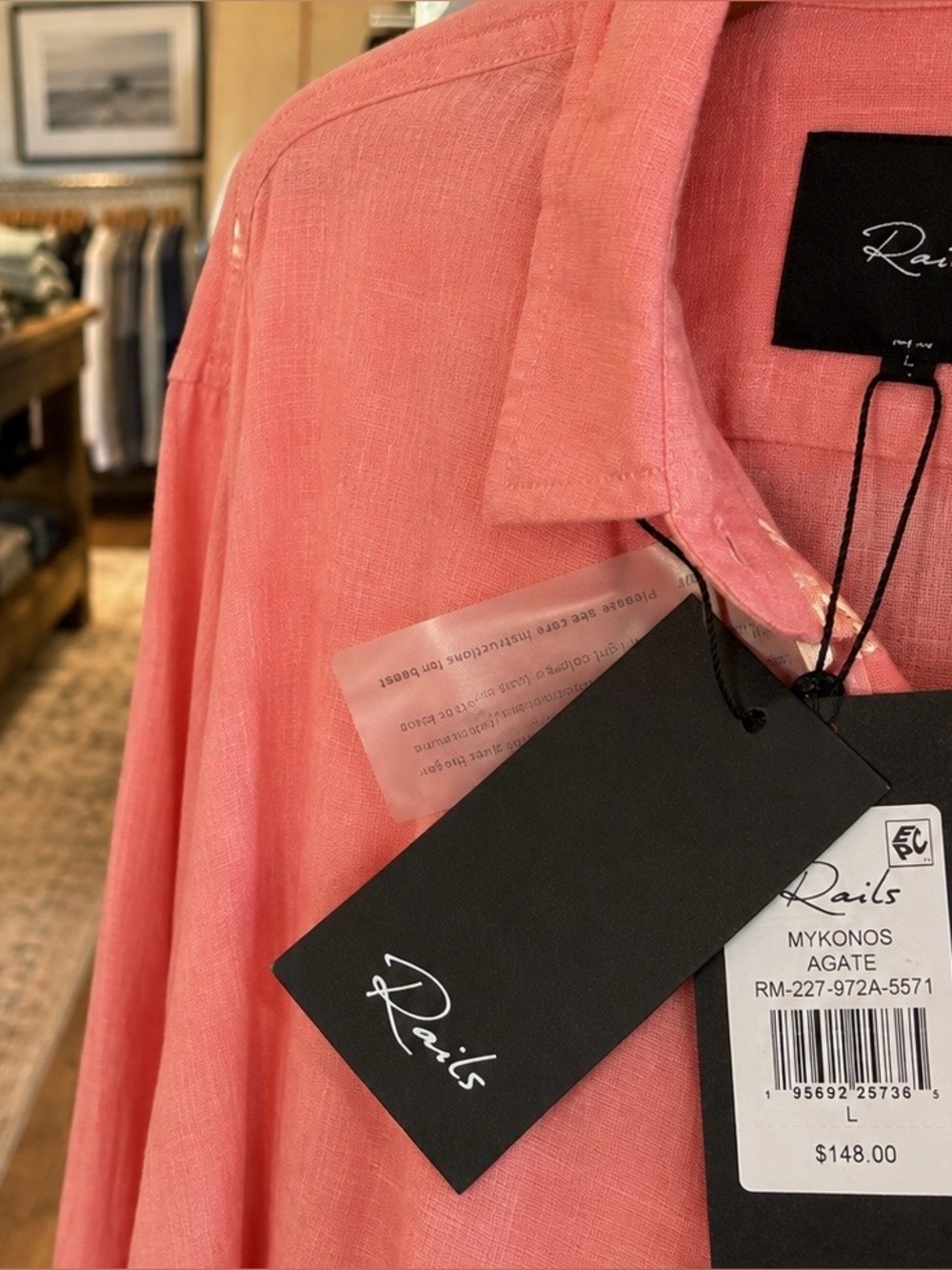 NWT Rails Mykonos Agate Linen Rayon Shirt Coral Pink Men’s Large MSRP $148 - Picture 4 of 11